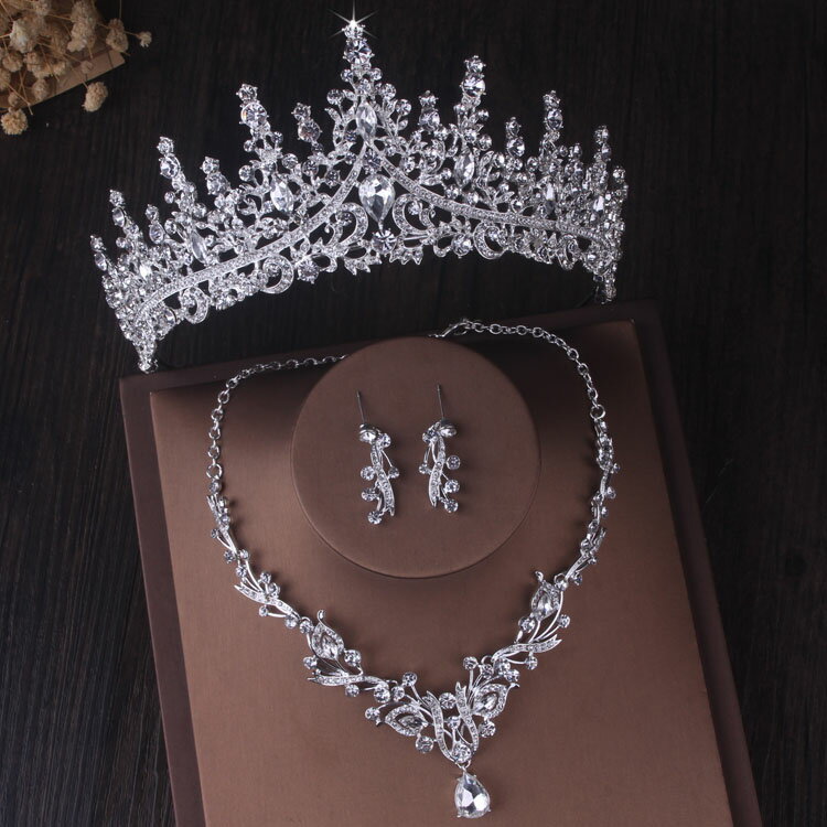 高端新娘飾品三件套韓式超仙女王皇冠水鉆項鏈耳環婚紗禮服套鏈