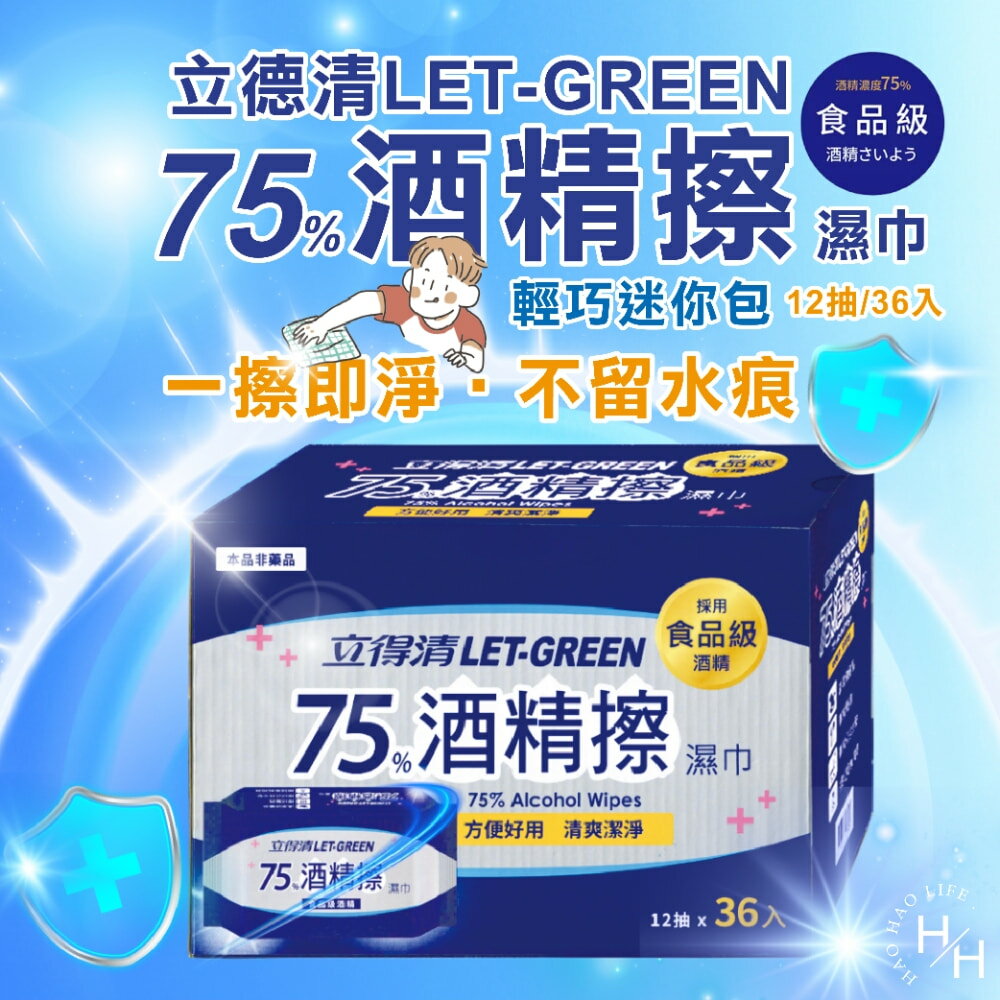 【好好生活｜立得清】75%酒精擦濕巾(12抽X36入) 隨身包 食用級酒精 濕紙巾 濕巾 迷你包 75%酒精 好市多現貨快出