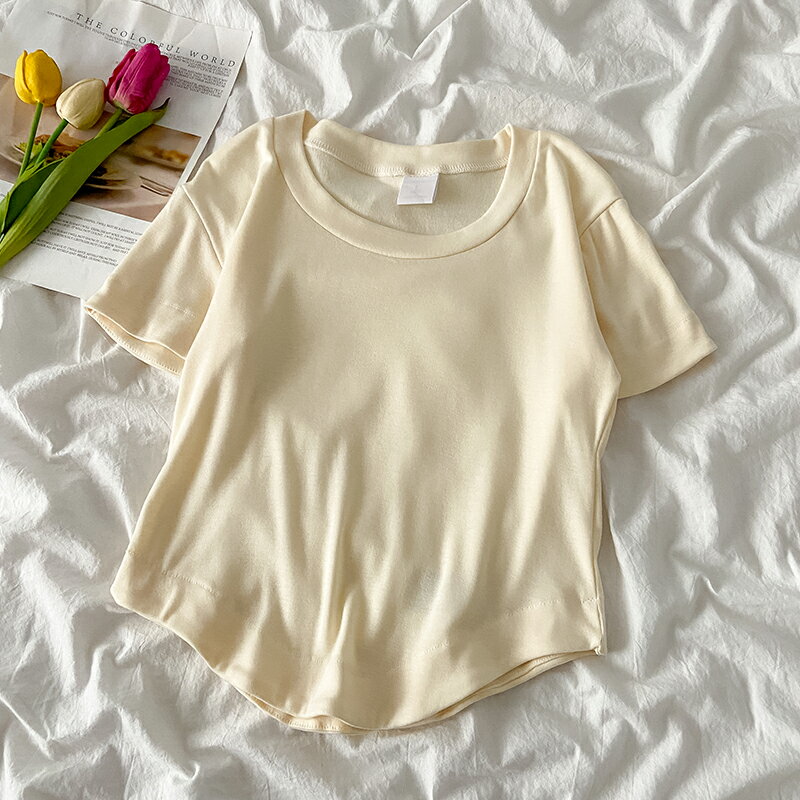 小個子顯高純欲風袖t恤女夏季新款2022年ins潮半袖體恤奶黃色上衣