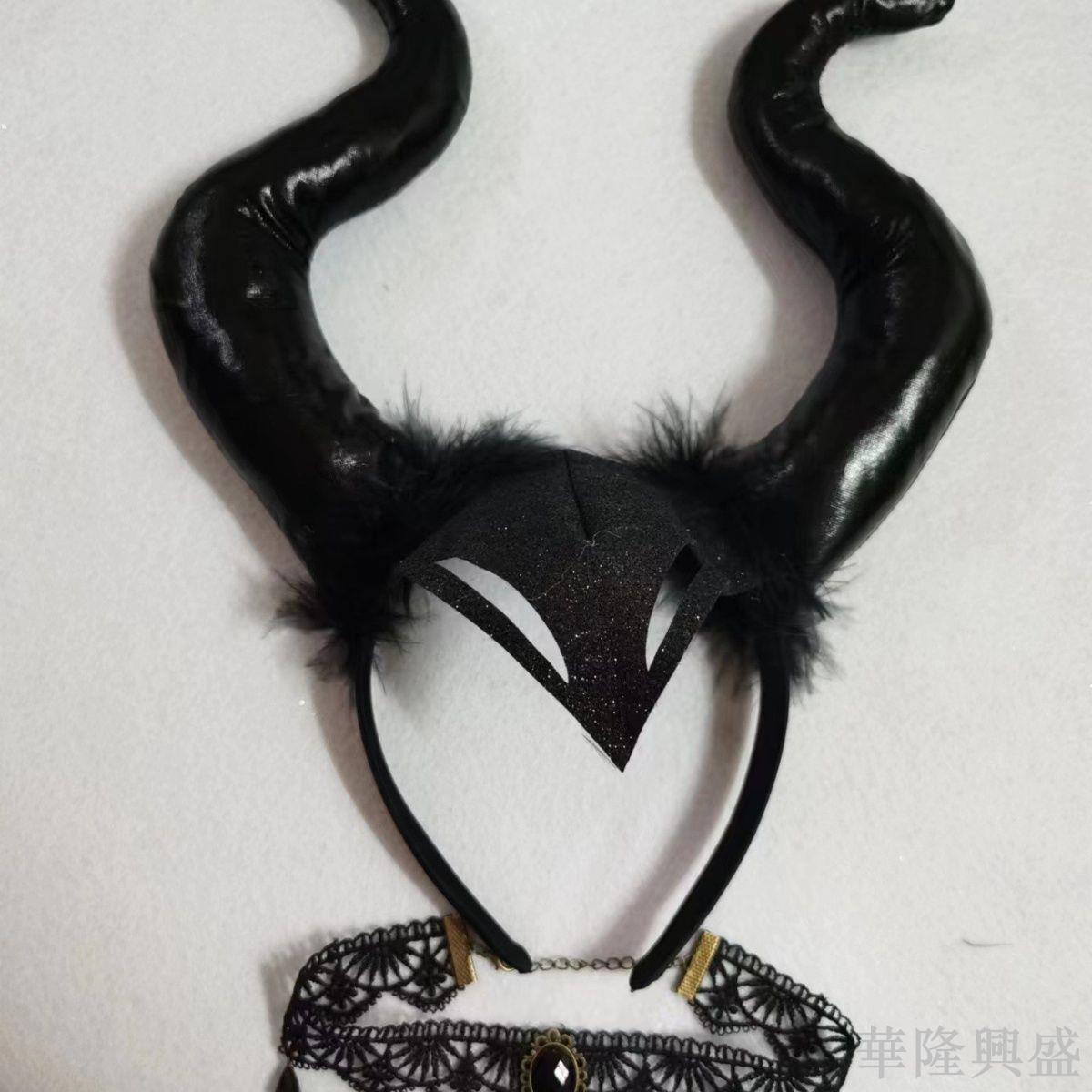 華隆 萬圣節配飾惡魔之角頭飾惡魔女巫COS服裝道具黑色牛角項鏈兩件套
