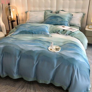 春夏新款 60s蘭精天絲印花床組四件組 雙面天絲被套床包 冰絲順滑床包組 海洋藍