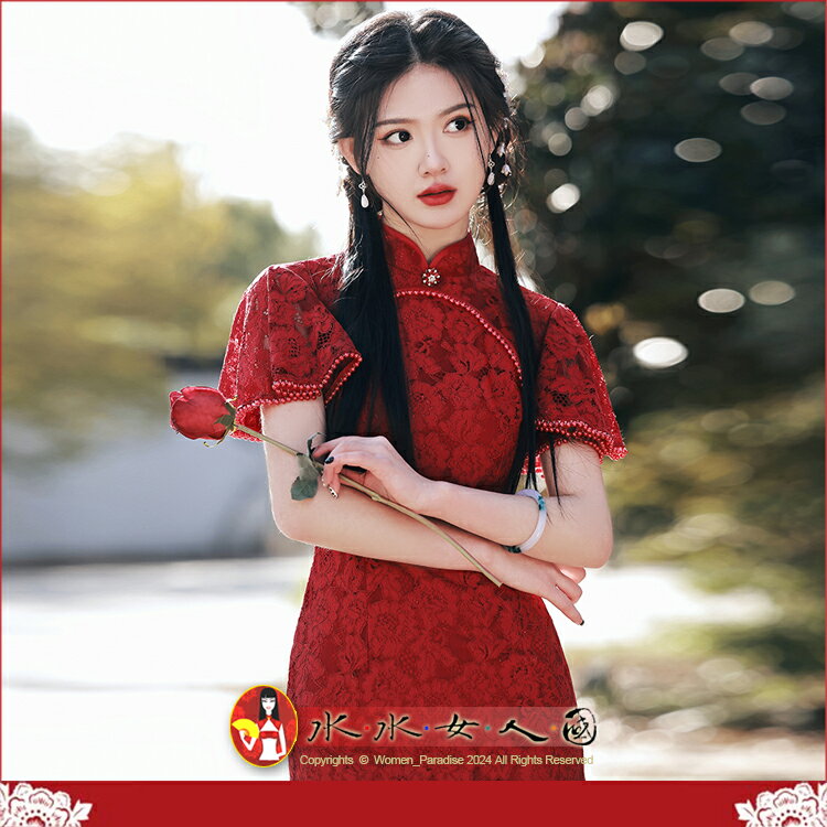 春夏新款飛飛袖雙層蕾絲中長款旗袍圓襟珍珠花邊連衣裙少女改良旗袍洋裝-濃情蜜意(酒紅色)-水水女人國
