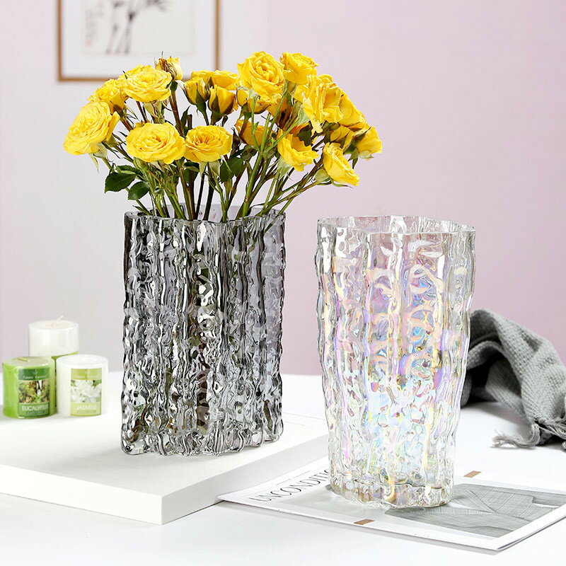 餐桌擺件極凍冰川玻璃花瓶透明水養鮮花插花器皿