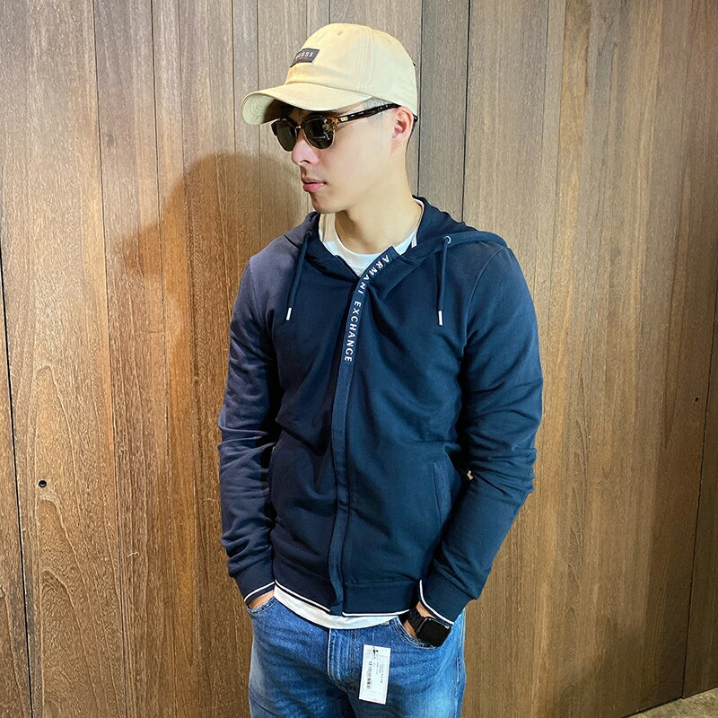 美國百分百【全新真品】Armani Exchange 棉質連帽外套 AX 夾克 亞曼尼 男款 上衣 深藍 S號 H473