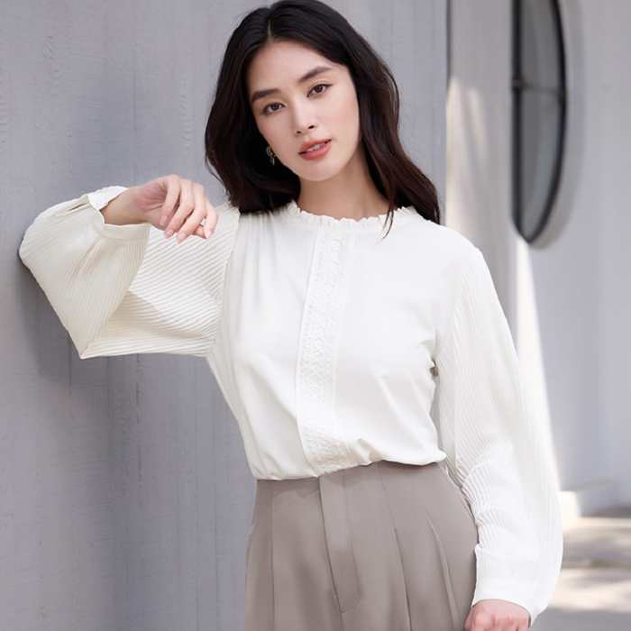 木耳立領長袖百褶上衣上班OL襯衫[88689-S]灰姑娘