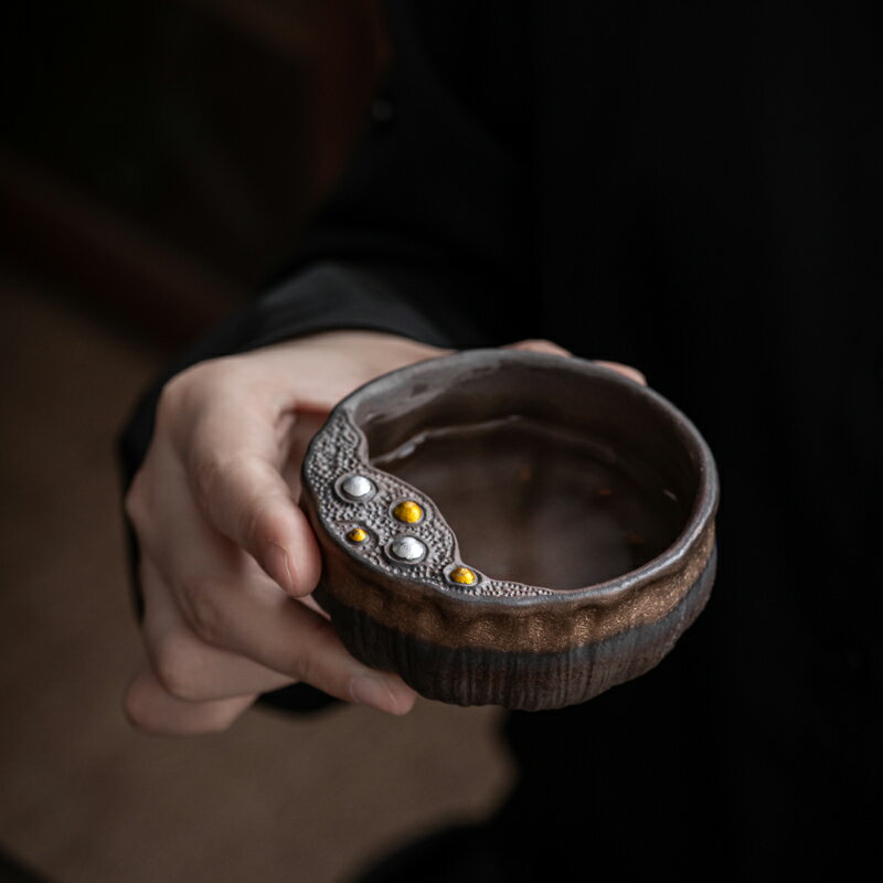 粗陶鎏金蓮蓬主人杯單杯日式復古創意陶瓷功夫茶具茶碗品茗杯大號