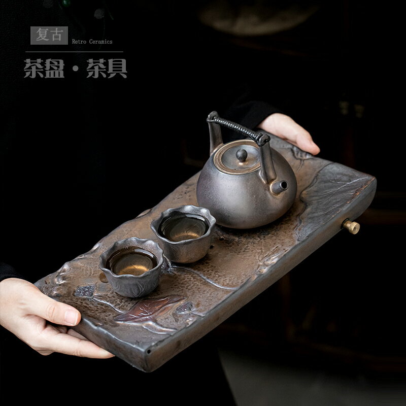 尚巖仿古提梁壺茶具套裝家用小套一壺二杯茶盤整套簡約泡茶壺做舊