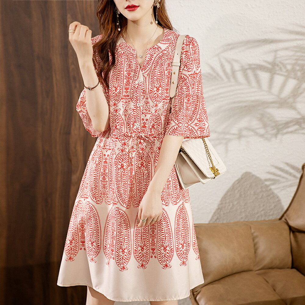 ＊ORead＊v領收腰顯瘦法式洋裝(紅色S~4XL)【限定加碼✿全館滿額再折】