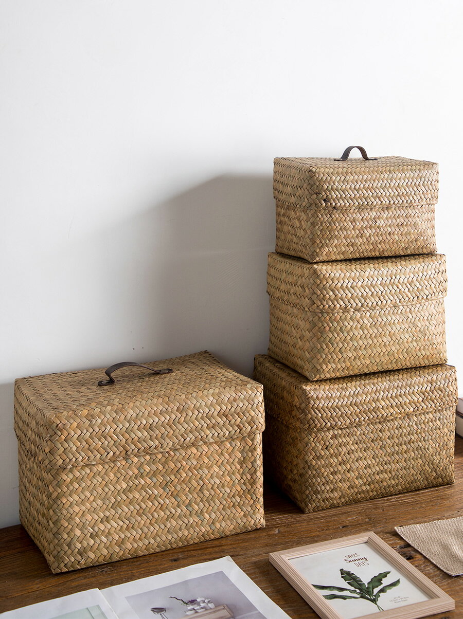 異麗日式草編收納盒化妝品零食編織整理箱家用藤編竹編收納筐帶蓋