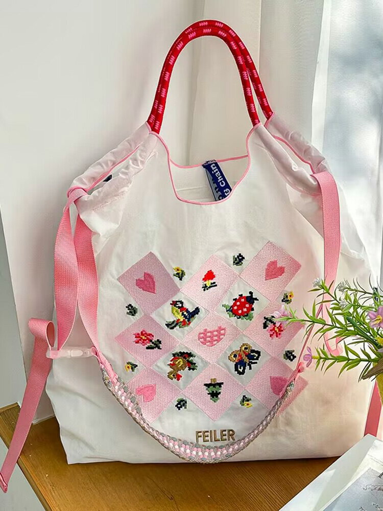 日系ball chain環保袋尼龍刺繡大容量購物袋26新款布包布袋女包