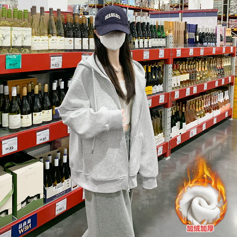 外套 女裝 休閒外套 時尚外套 衛衣女美式連帽加絨休閒運動外套秋季百搭寬鬆長袖小個子開衫上衣 0