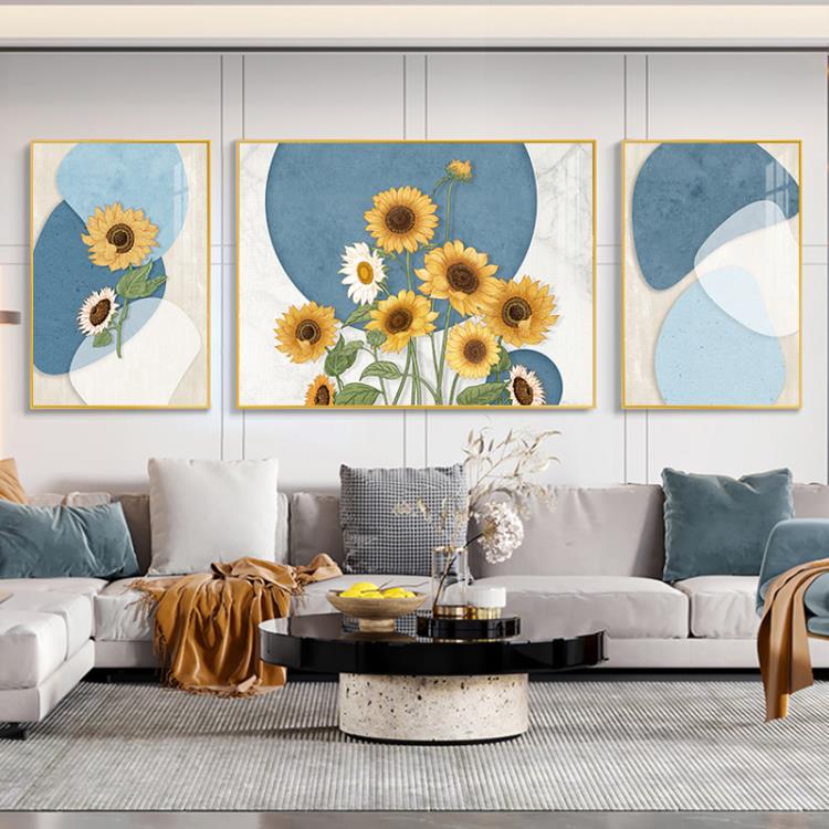 北歐莫蘭迪客廳裝飾畫簡約大氣三聯沙發背景牆掛畫抽象向日葵壁畫 城市玩家