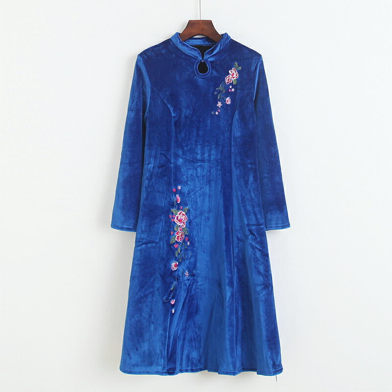 民族風刺繡加絨金絲絨旗袍中長連衣裙 秋冬長袖女打底裙子P/13底