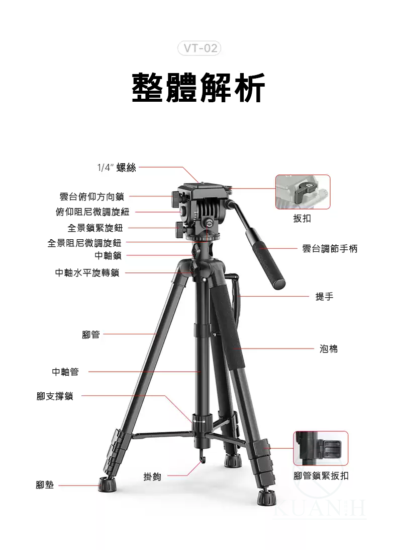 Ulanzi VT-02 優籃子 油壓雲台 三腳架 輕便專業三腳架 承重3kg 伸縮 58.5-183cm 2778｜領券最高折$220 5