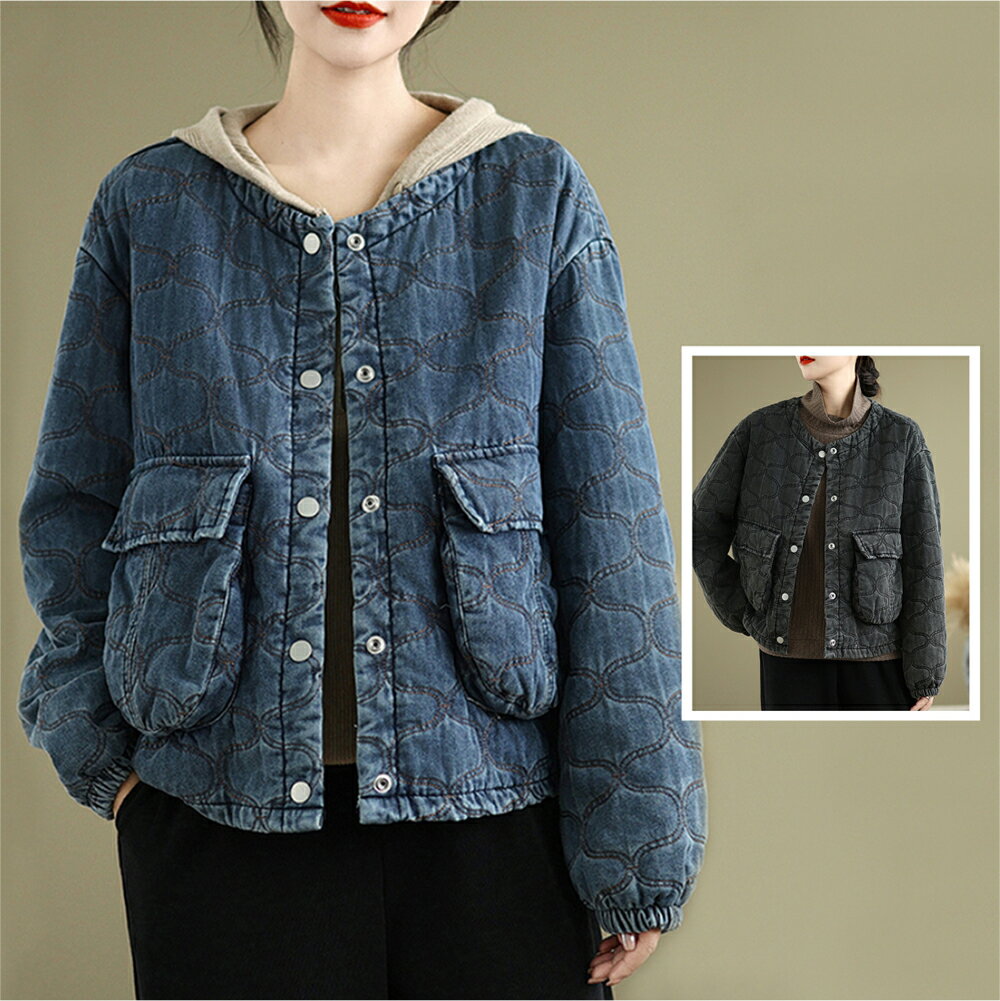 ＊ORead＊復古磨砂洗水菱形格寬鬆夾棉短外套(2色M~2XL)