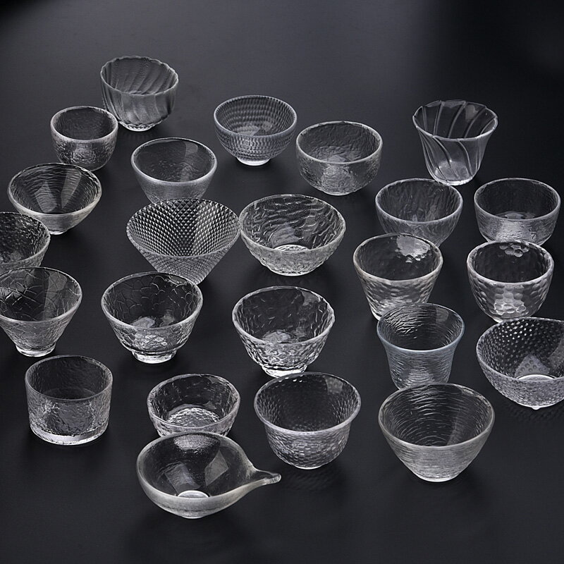 玻璃小茶杯個人品茗杯日式錘紋描金水晶透明茶杯功夫茶具加厚耐熱