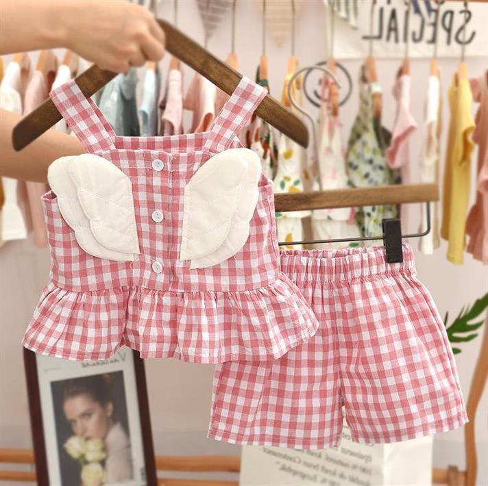 夏季新款兒童格子套裝2021女童寶寶洋氣翅膀吊帶衫短褲兩件套