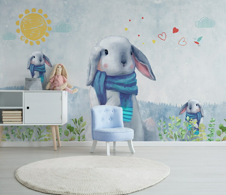 北歐風格兒童房壁紙可愛卡通兔子臥室裝飾3D立體藍色溫馨背景墻布