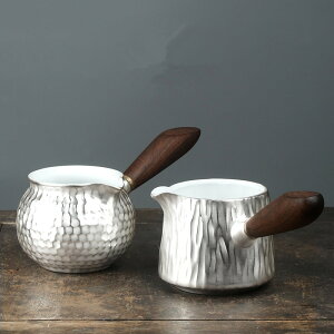 免運 茶具系列 創意鎏銀陶瓷側把壺泡茶壺銀扣瓷工藝家用功夫茶具茶配件