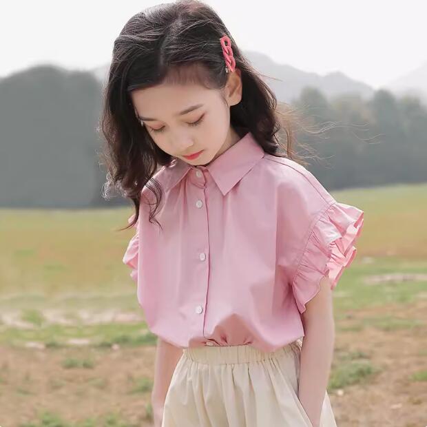 兒童襯衫 女童短袖 夏裝小飛袖襯衫 夏季童裝短袖 兒童短袖襯衣 半袖上衣 百搭短T 女孩短袖襯衫【不二雜貨】
