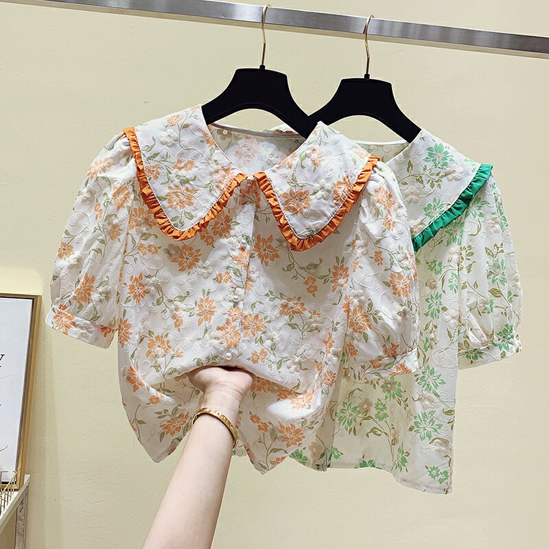 品牌折扣店商場專櫃撤櫃夏裝設計感小眾娃娃領甜美碎花短袖襯衫女