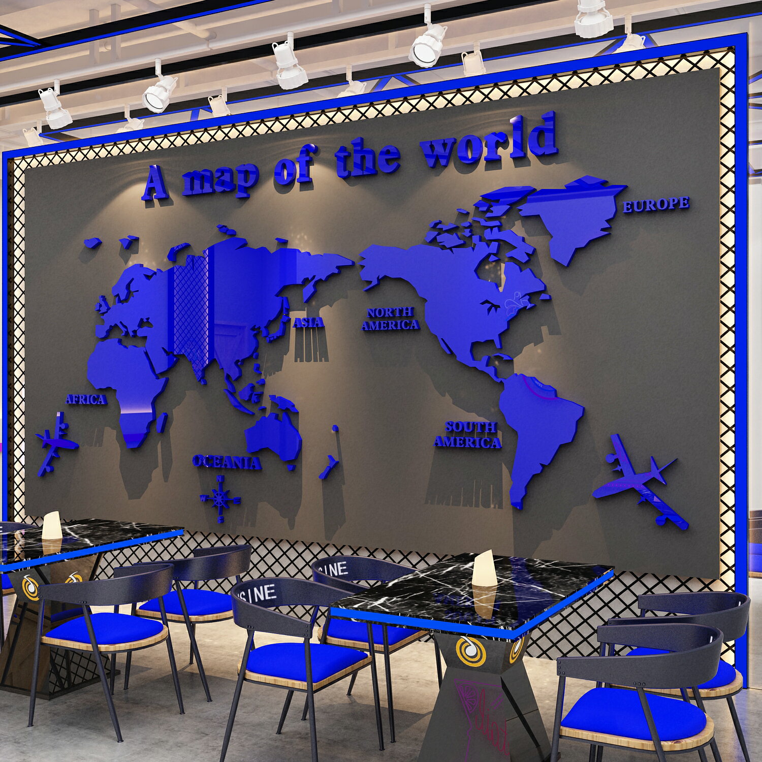克萊因藍世界地圖墻面貼3d立體飯店燒烤清酒吧裝飾品場景布置創意