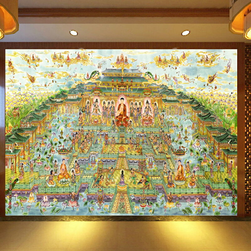 西方極樂世界背景墻紙莊嚴全景圖壁紙佛圖佛堂寺廟千佛圖壁畫