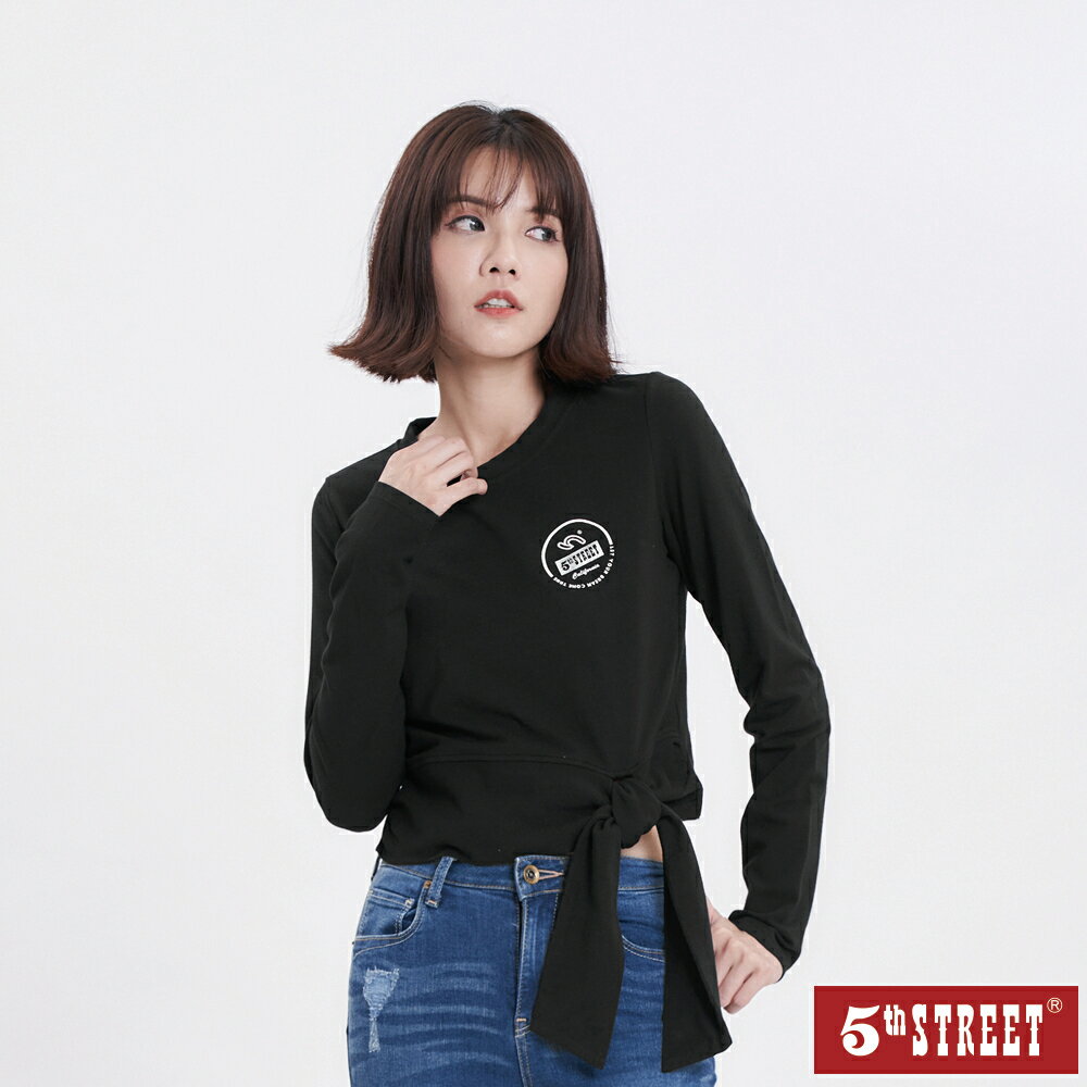 女造型綁帶修身長袖T恤-黑色【5th STREET】【APP下單享最高9%點數】