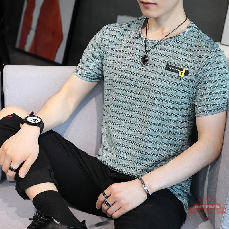 冰絲 短袖T恤 男夏季 韓版 潮 青年 鏤空 加肥加大碼 透氣 速乾 圓領半袖