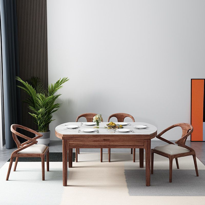 實木餐桌家用烏金木圓形餐臺伸縮現代簡約輕奢折疊巖板飯桌組合
