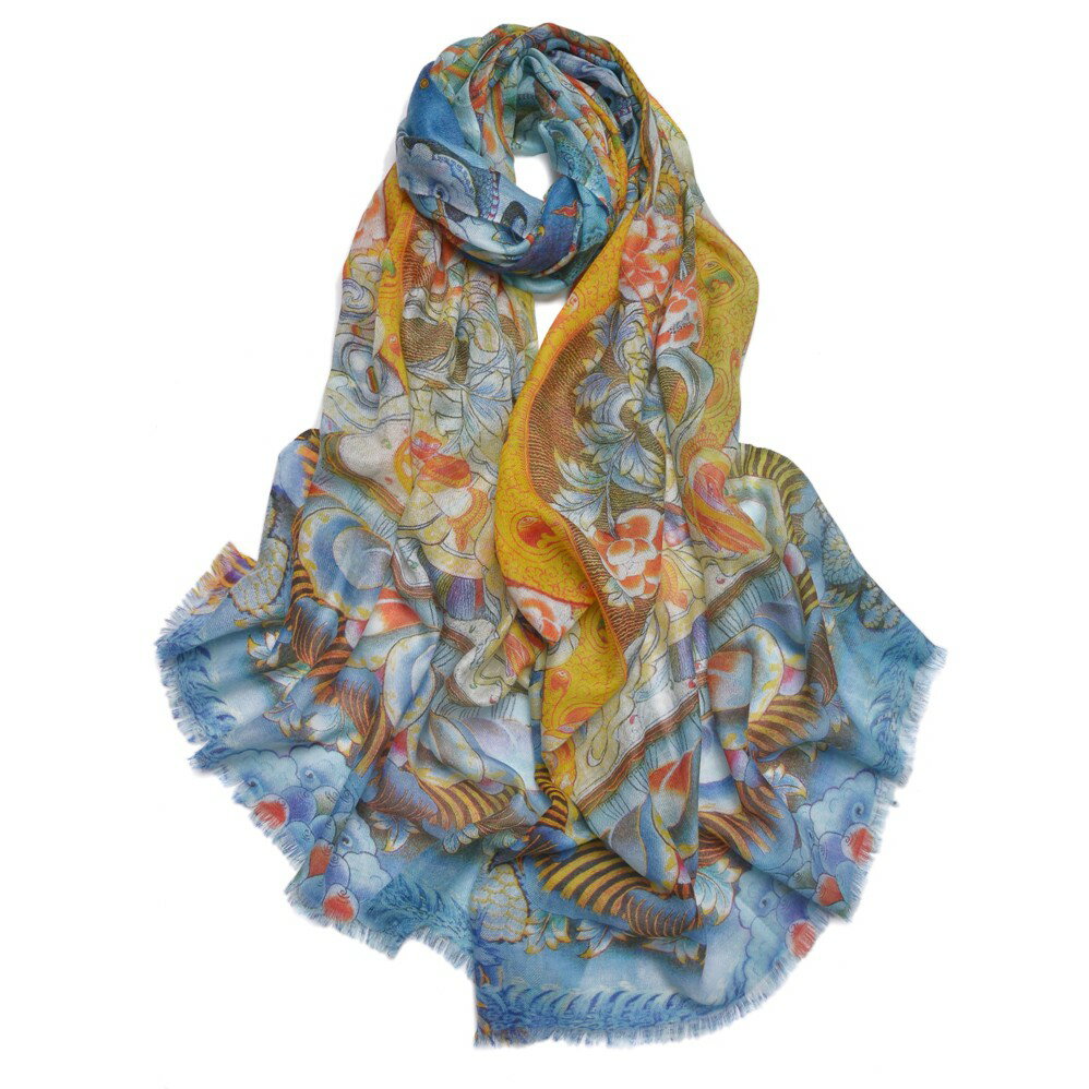 白度母藍色藏佛教唐卡圍巾SWC815 高端羊絨印花圍巾