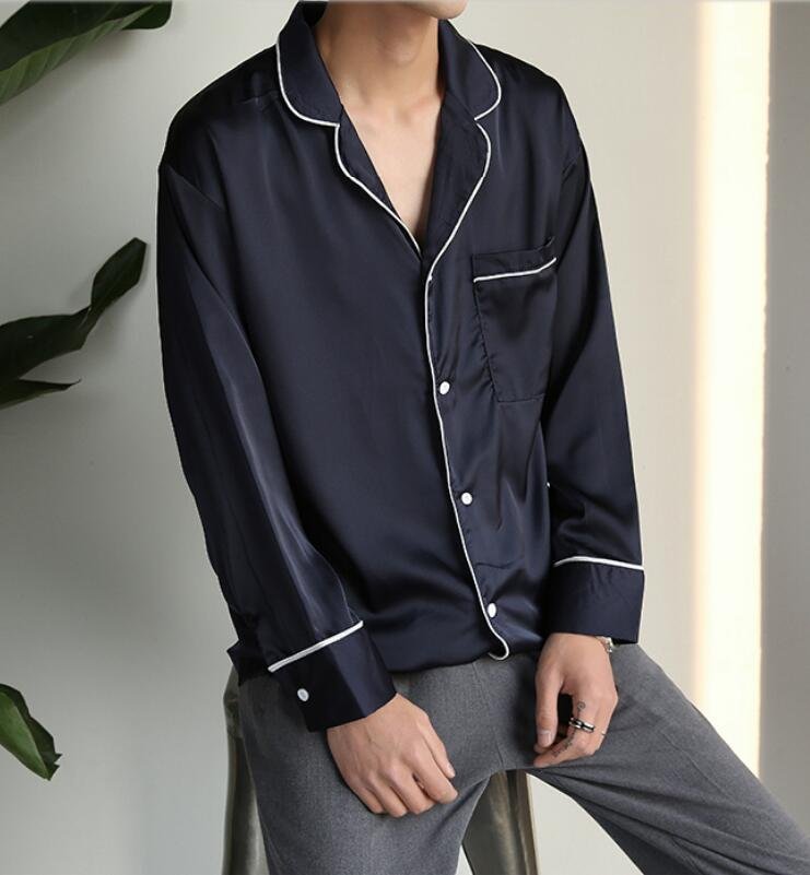 FINDSENSE MD 時尚 男 韓國 休閒 寬鬆 絲綢真絲面料 襯衫 長袖襯衫