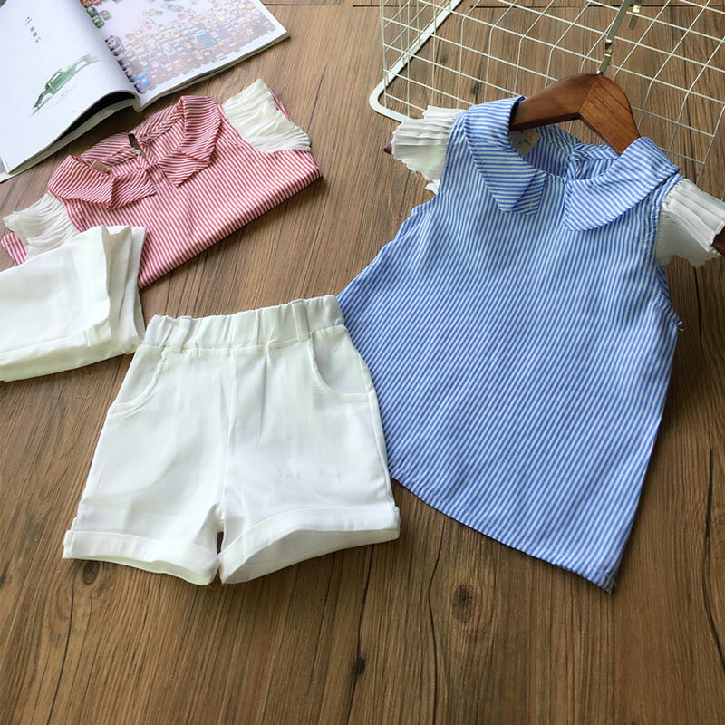 夏季新款套裝女童時尚休閑條紋套頭飛袖上衣+中小童純色短褲1入