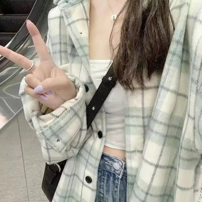格子襯衫 女上衣 女裝 衣服 寬鬆上衣 格子襯衫女春夏秋新款韓版時尚少女小個子復古長袖襯衣休閒外套 0