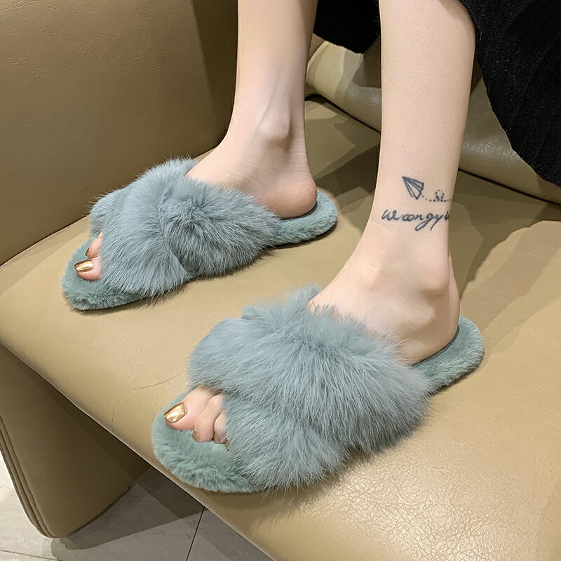社會女拖鞋毛毛時尚2021秋季懶人韓版外穿仙女交叉平底可愛一字拖
