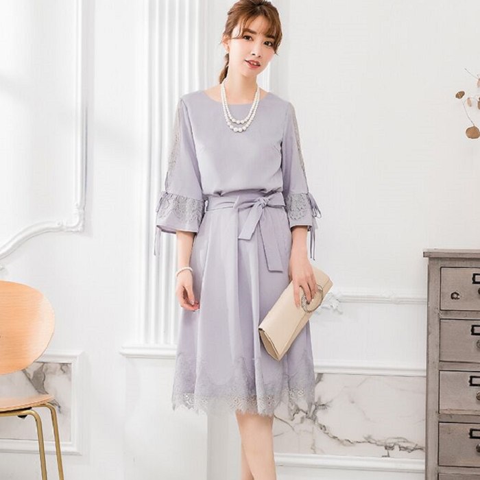 [兩件套]淑女五分袖睫毛蕾絲上衣+綁帶及膝裙[88301-S]灰姑娘