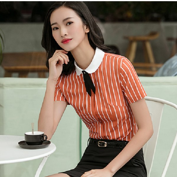 灰姑娘[8S041-PF]甜美娃娃領直條紋小領結短袖OL襯衫(附領結)