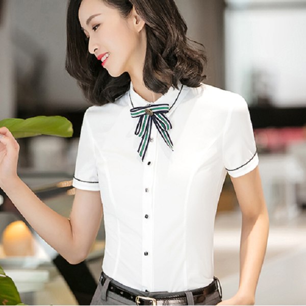灰姑娘[8S077-PF]甜美條紋領結OL通勤上班短袖襯衫(未附領結)