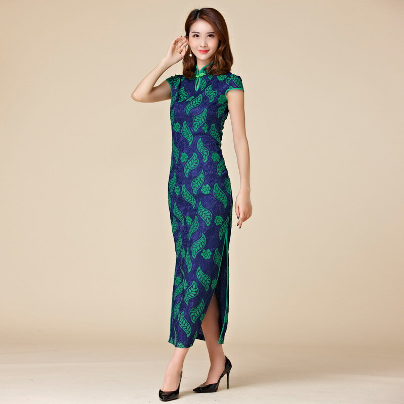 灰姑娘[9876-JK]印花蕾絲復古中國風立領短袖旗袍媽媽長禮服