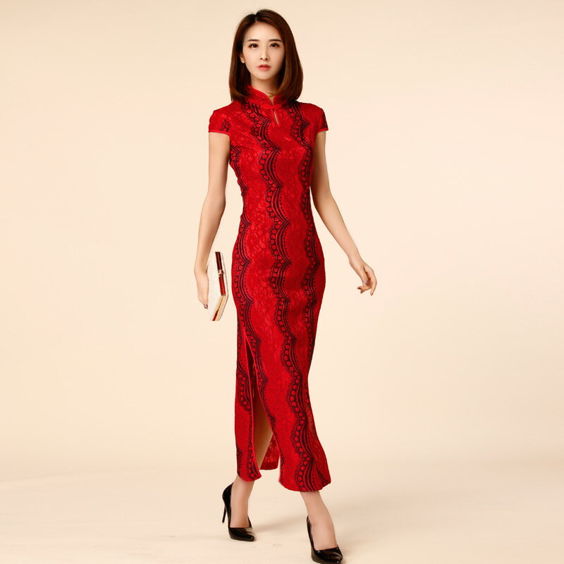 灰姑娘[9888-JK]復古風中國旗袍式波浪蕾絲短袖長款禮服~喜宴/表演