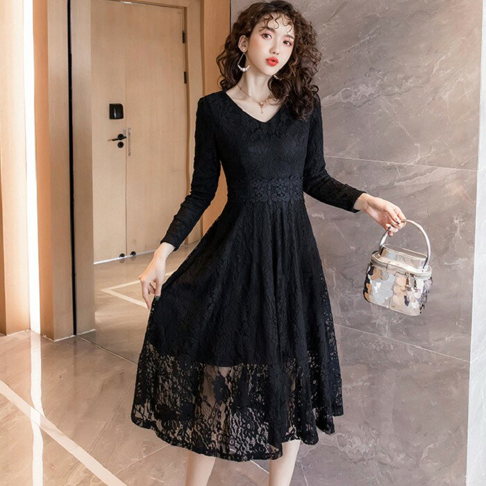 花邊腰身加絨過膝宴會尾牙淑女洋裝[98956-QF]灰姑娘