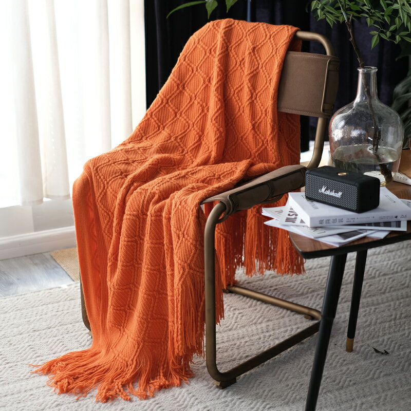 針織純色床尾巾搭毯沙發裝飾毛線編織毛毯簡約風桔色包郵新款春秋