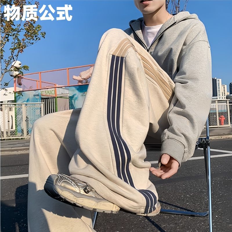 春季三條褲子潮牌條紋美式直筒休閑復古衛褲運動寬松長褲休閑褲-創美