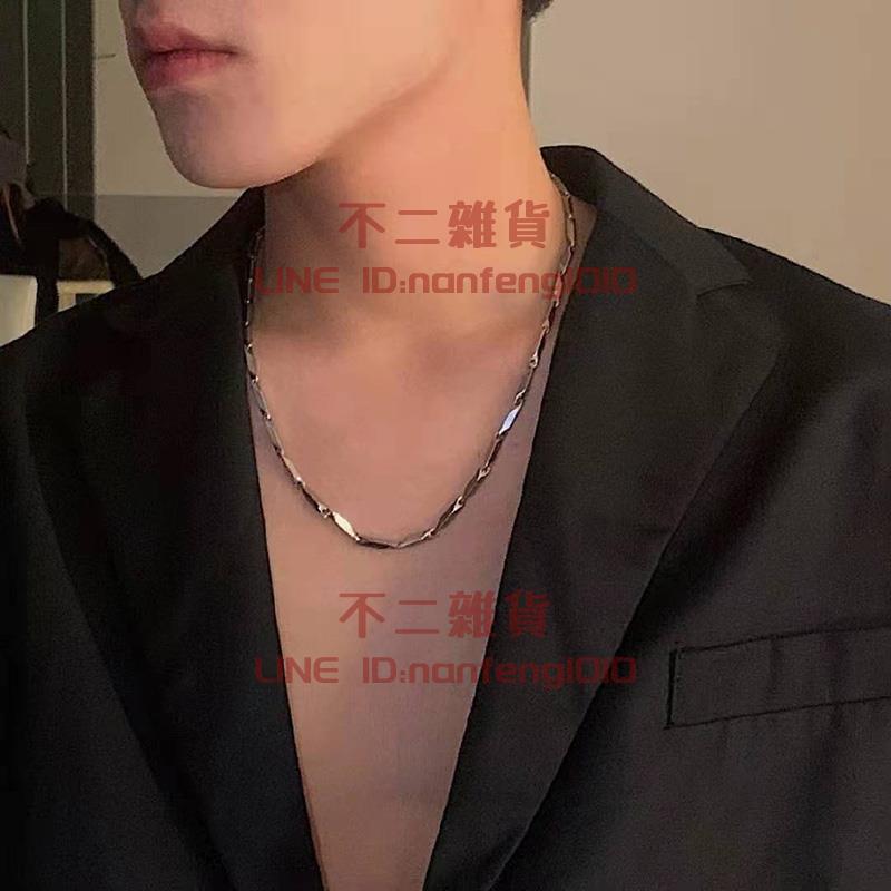 項鏈男 潮男個性簡約鈦鋼鏈子 銀色菱形竹葉鏈 女帥氣鎖骨鏈【不二雜貨】 0
