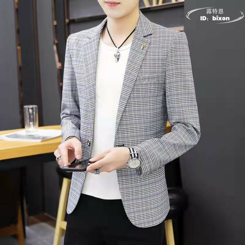 【限時免運】夏裝薄款西裝 男士小西裝 春秋季新款 韓版潮流外套 格子修身 休閒西服 帥氣單西服
