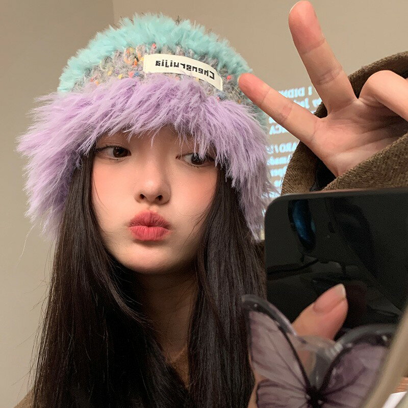 毛帽 毛線帽 針織帽 包頭帽 毛絨針織帽子女秋冬季2023新款毛線帽保暖護耳條紋韓版百搭顯臉小