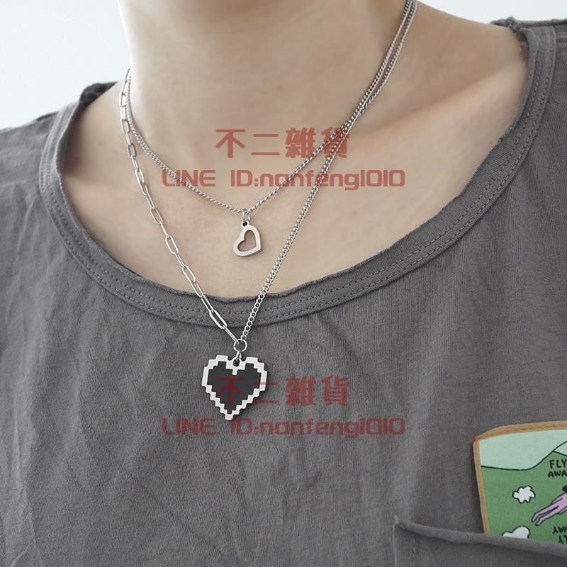 雙層疊帶項鏈 馬賽克愛心像素桃心吊墜 淡風嘻哈百搭配飾【不二雜貨】 0