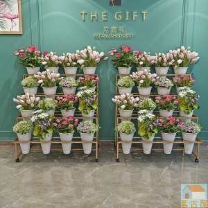 花店鮮花展示架多層階梯花架擺花帶萬向輪鐵藝架子養花桶塑膠花筒
