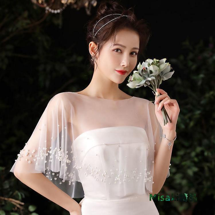 婚紗披肩 夏季薄款無袖 訂珠白色仙女斗篷 大尺碼禮服披肩 日常表演套頭罩衫 中長韓系披肩配件圍巾-Misaki精品