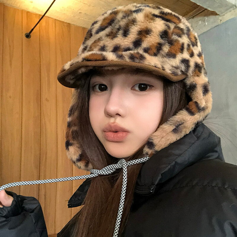 復古豹紋護耳雷鋒帽女秋冬季保暖毛絨大頭圍帽子騎行防寒飛行帽男